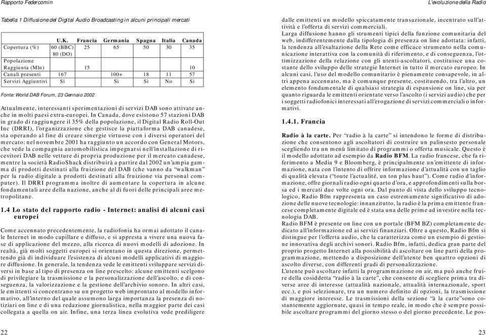 DAB Forum, 23 Gennaio 2002 Attualmente, interessanti sperimentazioni di servizi DAB sono attivate anche in molti paesi extra-europei.