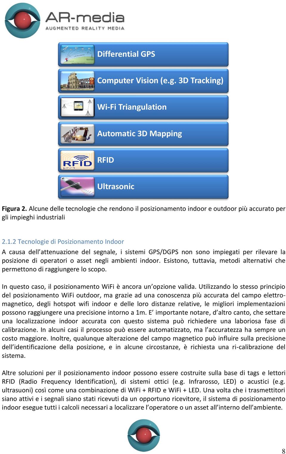 2 Tecnologie di Posizionamento Indoor A causa dell attenuazione del segnale, i sistemi GPS/DGPS non sono impiegati per rilevare la posizione di operatori o asset negli ambienti indoor.