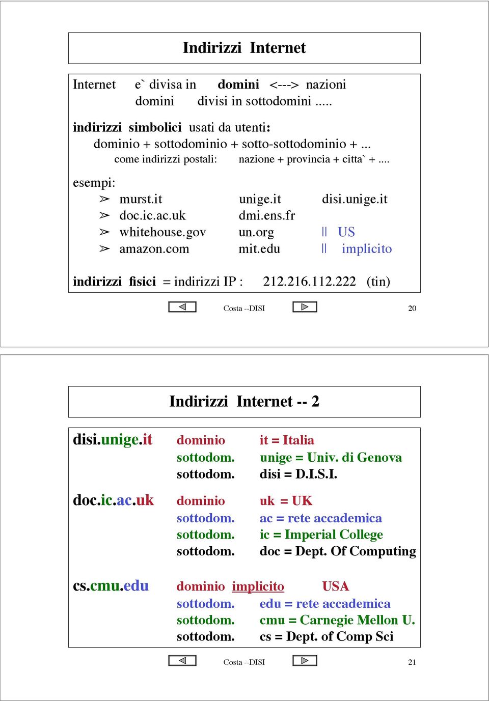 edu implicito indirizzi fisici = indirizzi IP : 212.216.112.222 (tin) Costa --DISI 20 Indirizzi Internet -- 2 disi.unige.it dominio it = Italia sottodom. unige = Univ. di Genova sottodom. disi = D.I.S.I. doc.