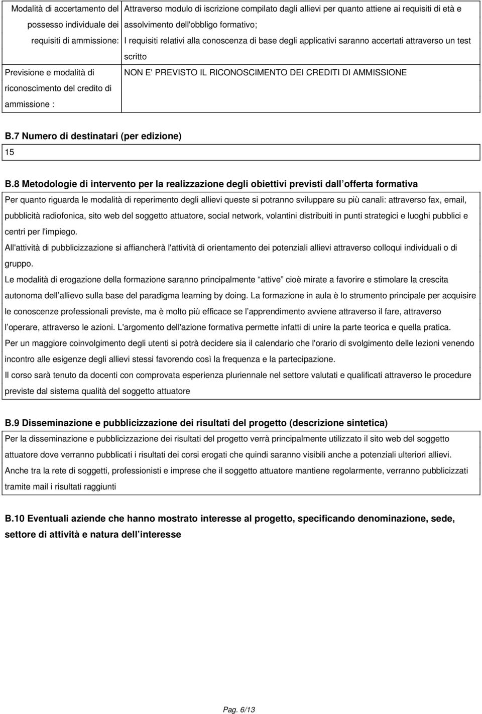 PREVISTO IL RICONOSCIMENTO DEI CREDITI DI AMMISSIONE B.7 Numero di destinatari (per edizione) 15 B.