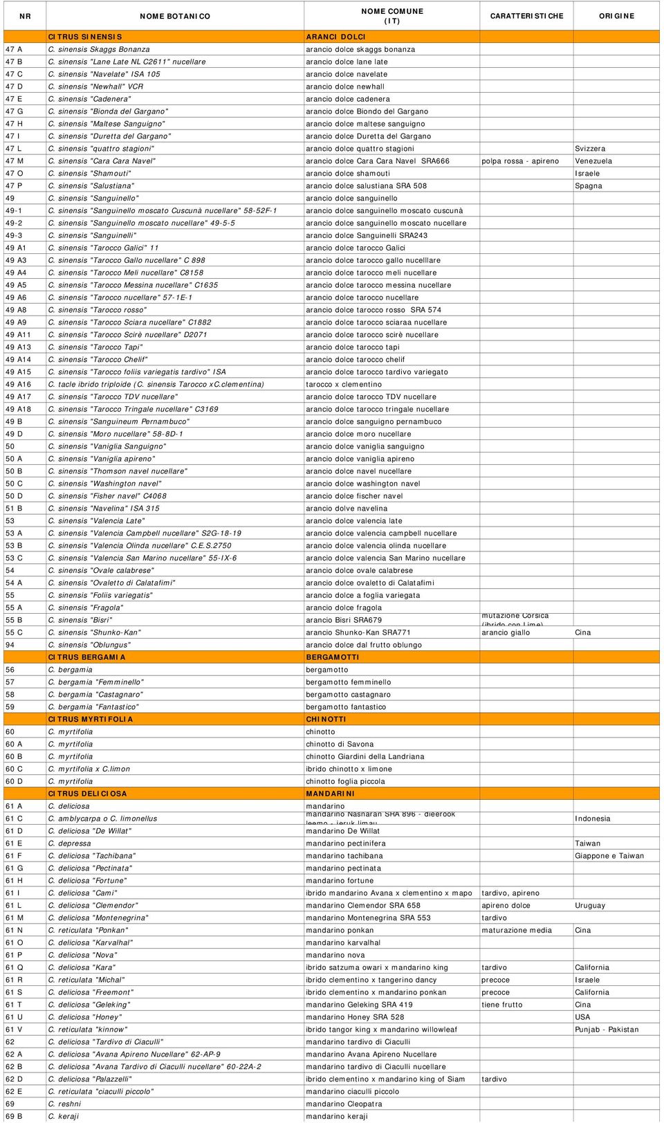 sinensis "Bionda del Gargano" arancio dolce Biondo del Gargano 47 H C. sinensis "Maltese Sanguigno" arancio dolce maltese sanguigno 47 I C.