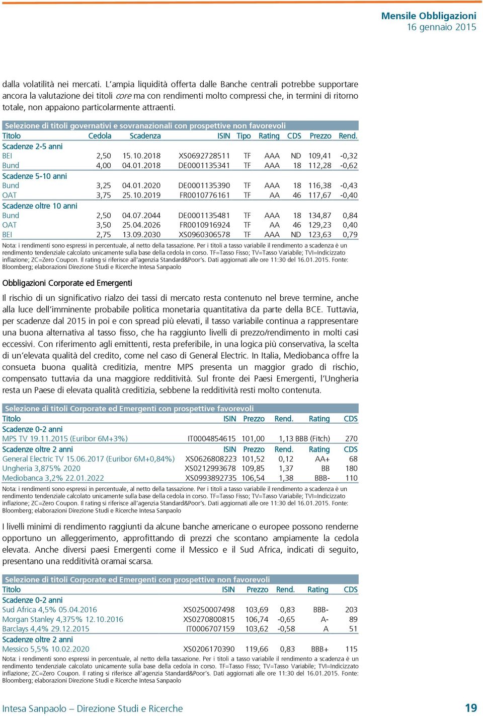 particolarmente attraenti. Selezione di titoli governativi e sovranazionali con prospettive non favorevoli Titolo Cedola Scadenza ISIN Tipo Rating CDS Prezzo Rend. Scadenze 2-5 2 5 anni BEI 2,50 15.