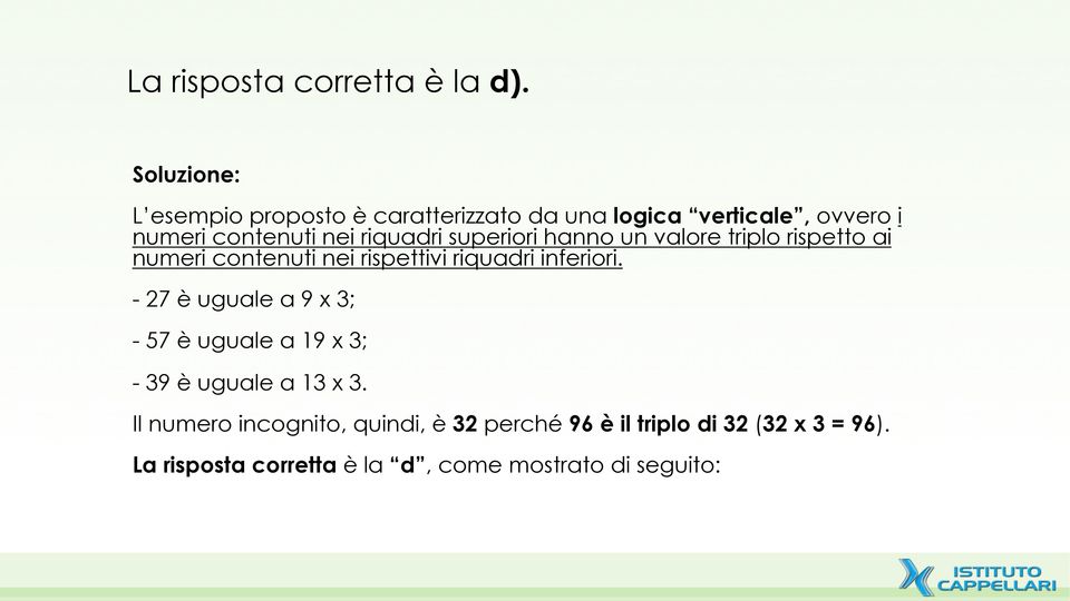 riquadri superiori hanno un valore triplo rispetto ai numeri contenuti nei rispettivi riquadri inferiori.