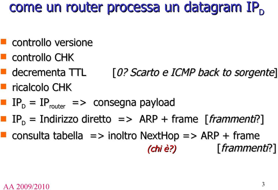 Scarto e ICMP back to sorgente] ricalcolo CHK IP D = IP router => consegna