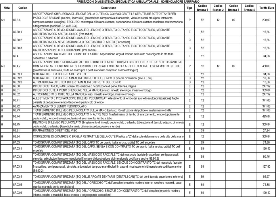ESCLUSO: crioterapia di lesione cutanea, asportazione di lesione cutanea mediante cauterizzazione o folgorazione (codici 86.3.1 e 86.3.3)) 86.30.
