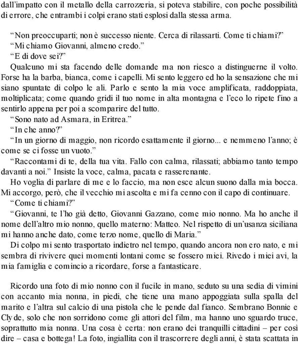 Qualcuno mi sta facendo delle domande ma non riesco a distinguerne il volto. Forse ha la barba, bianca, come i capelli. Mi sento leggero ed ho la sensazione che mi siano spuntate di colpo le ali.