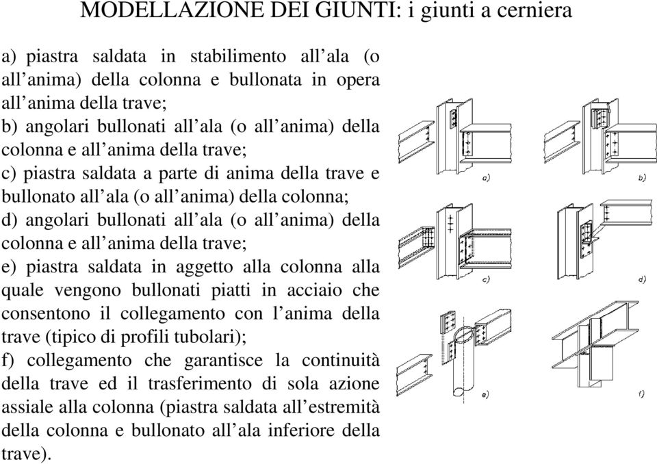 colonna e all anima anima della trave; e) piastra saldata in aggetto alla colonna alla quale vengono bullonati piatti in acciaio che consentono il collegamento con l anima della trave (tipico di