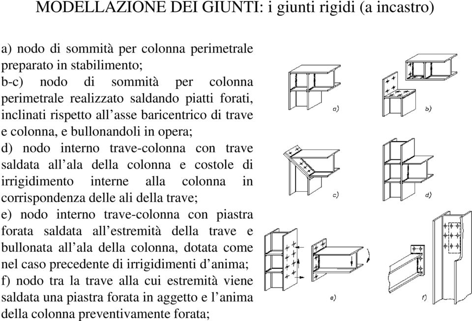 irrigidimentoi idi interne alla colonna in corrispondenza delle ali della trave; e) nodo interno trave-colonna con piastra forata saldata all estremità della trave e bullonata all ala della