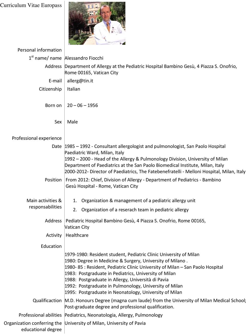 it Italian Born on 20 06 1956 Sex Male Professional experience Date 1985 1992 Consultant allergologist and pulmonologist, San Paolo Hospital Paediatric Ward, Milan, Italy 1992 2000 Head of the