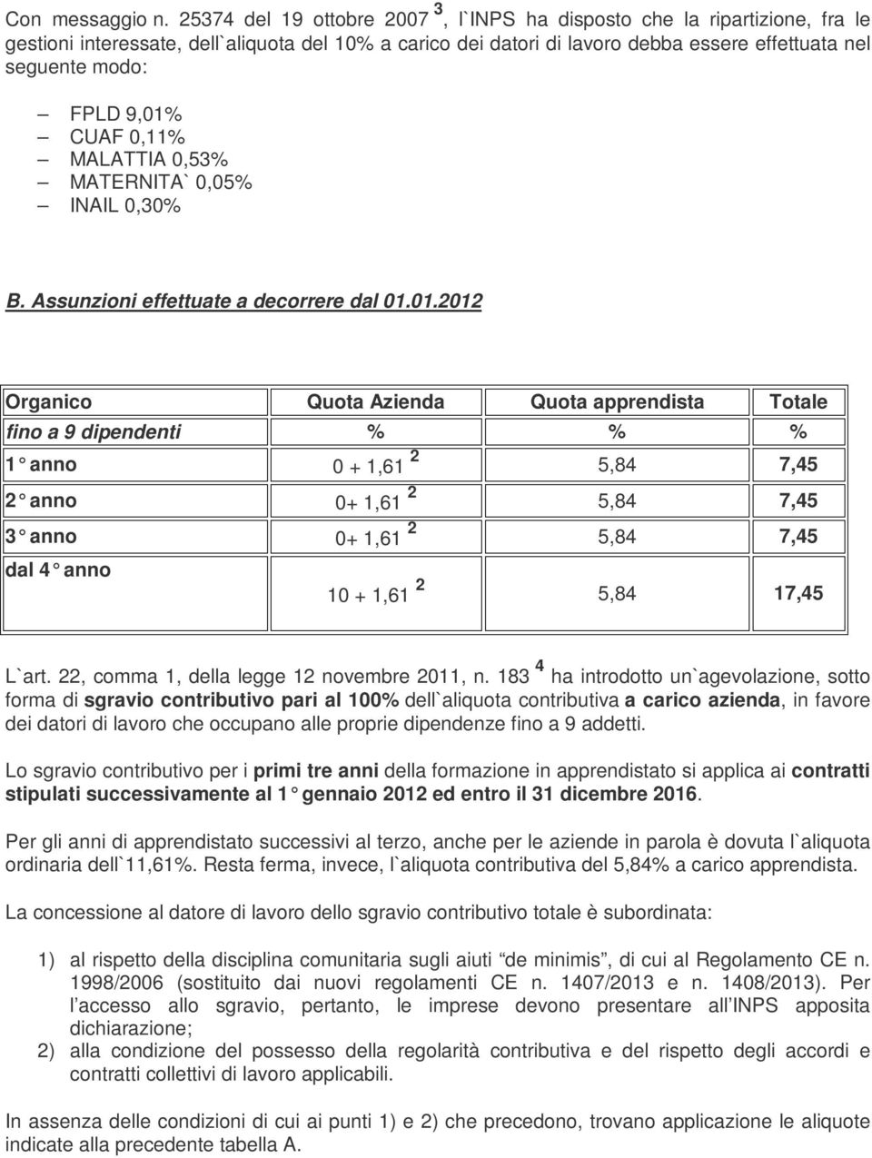 9,01 CUAF 0,11 MALATTIA 0,53 MATERNITA` 0,05 INAIL 0,30 B. Assunzioni effettuate a decorrere dal 01.01.2012 Organico Quota Azienda Quota apprendista Totale fino a 9 dipendenti 1 anno 0 + 1,61 2 5,84 7,45 2 anno 0+ 1,61 2 5,84 7,45 3 anno 0+ 1,61 2 5,84 7,45 dal 4 anno 10 + 1,61 2 5,84 17,45 L`art.