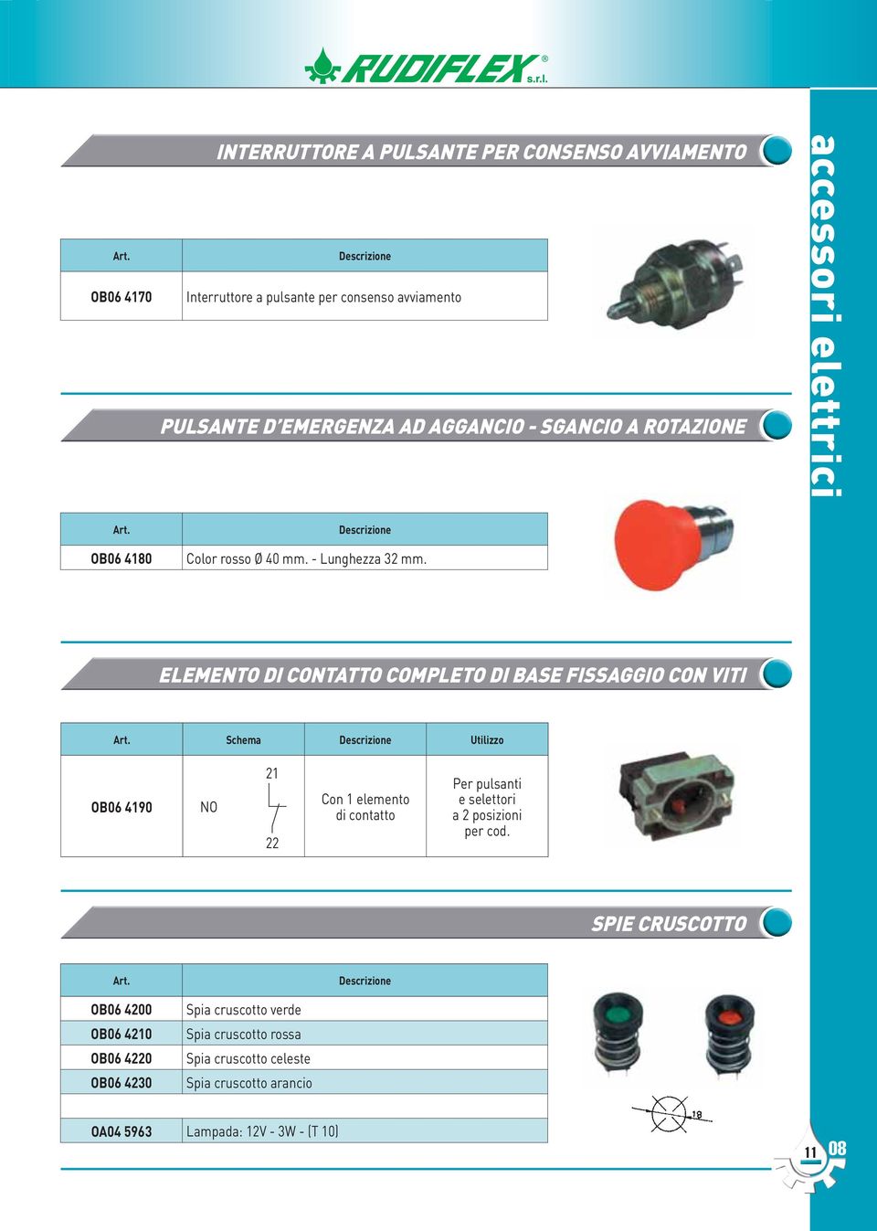 ELEMENTO DI CONTATTO COMPLETO DI BASE FISSAGGIO CON VITI Schema Utilizzo OB06 4190 NO 21 22 Con 1 elemento di contatto Per pulsanti e selettori