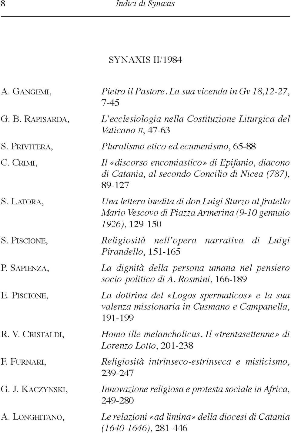 latora, Una lettera inedita di don Luigi Sturzo al fratello Mario Vescovo di Piazza Armerina (9-10 gennaio 1926), 129-150 S. PISCIoNE, Religiosità nell opera narrativa di Luigi Pirandello, 151-165 P.