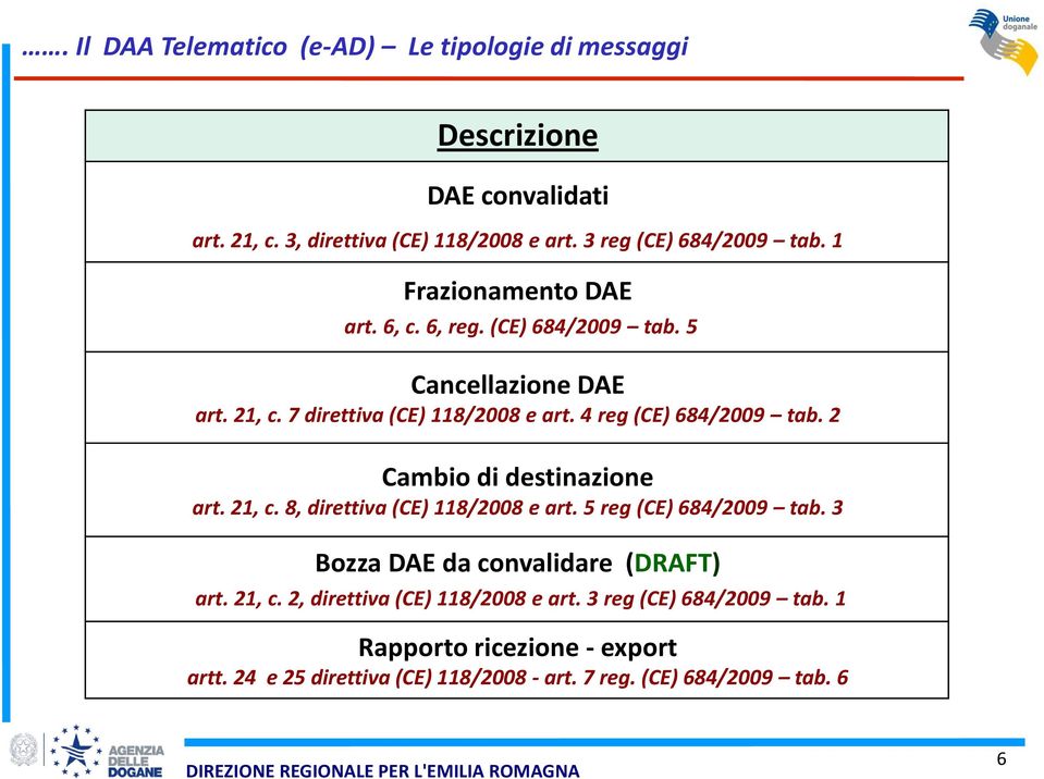 2 Cambio di destinazione art. 21, c. 8, direttiva (CE) 118/2008 e art. 5 reg (CE) 684/2009 tab. 3 Bozza DAE da convalidare (DRAFT) art. 21, c. 2, direttiva (CE) 118/2008 e art.