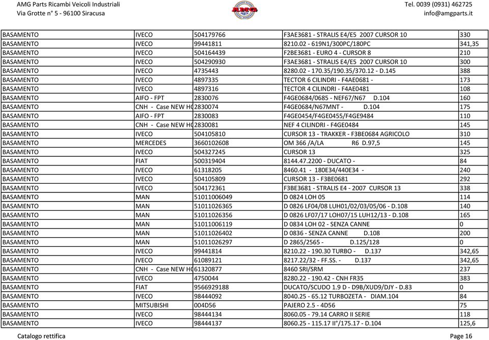 35/370.12 - D.145 388 BASAMENTO IVECO 4897335 TECTOR 6 CILINDRI - F4AE0681-173 BASAMENTO IVECO 4897316 TECTOR 4 CILINDRI - F4AE0481 108 BASAMENTO AIFO - FPT 2830076 F4GE0684/0685 - NEF67/N67 D.