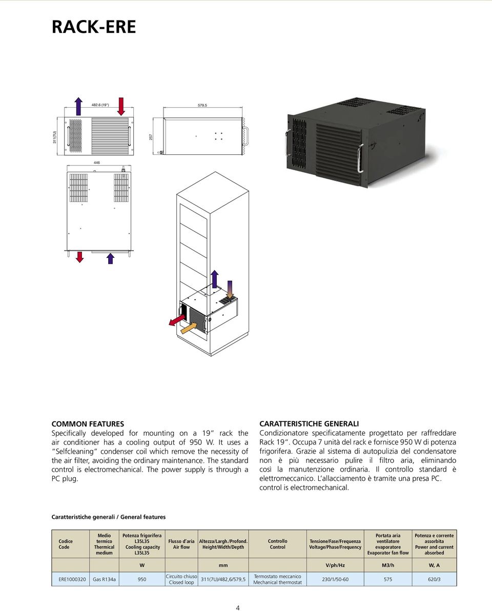 CARATTERISTICHE GENERALI Condizionatore specificatamente progettato per raffreddare Rack 19. Occupa 7 unità del rack e fornisce 950 W di potenza frigorifera.