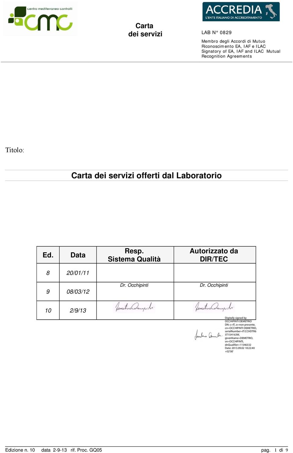 Sistema Qualità Autorizzato da DIR/TEC Dr. Occhipinti Dr.