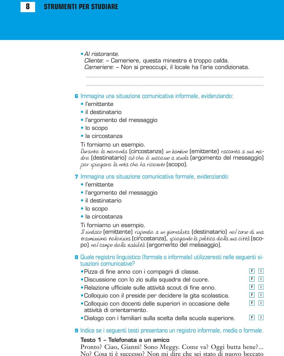 Durante la merenda (circostanza) un bambino (emittente) racconta a sua madre (destinatario) ciò che è successo a scuola (argomento del messaggio) per spiegare la nota che ha ricevuto (scopo).