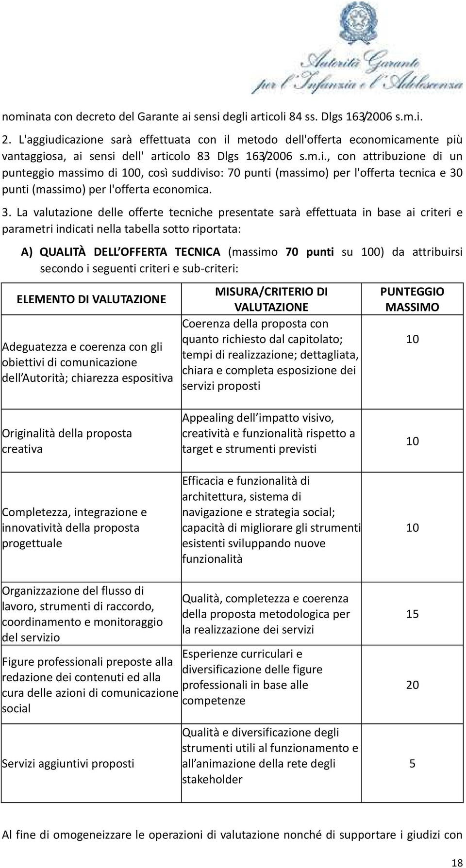 3. La valutazione delle offerte tecniche presentate sarà effettuata in base ai criteri e parametri indicati nella tabella sotto riportata: A) QUALITÀ DELL OFFERTA TECNICA (massimo 70 punti su 100) da