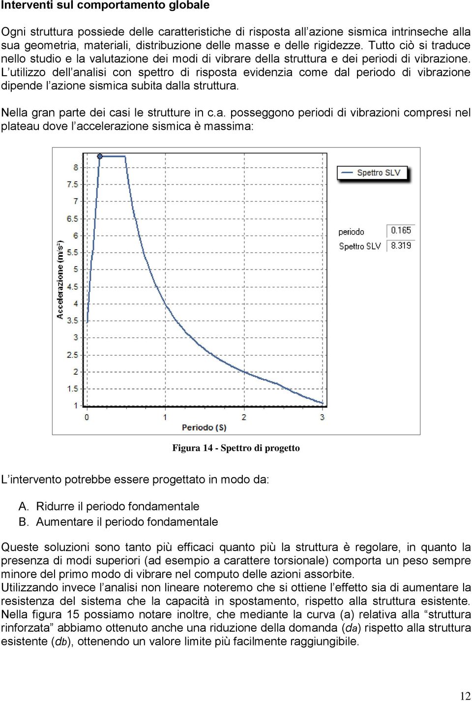 L utilizzo dell analisi con spettro di risposta evidenzia come dal periodo di vibrazione dipende l azione sismica subita dalla struttura. Nella gran parte dei casi le strutture in c.a. posseggono periodi di vibrazioni compresi nel plateau dove l accelerazione sismica è massima: Figura 14 - Spettro di progetto L intervento potrebbe essere progettato in modo da: A.