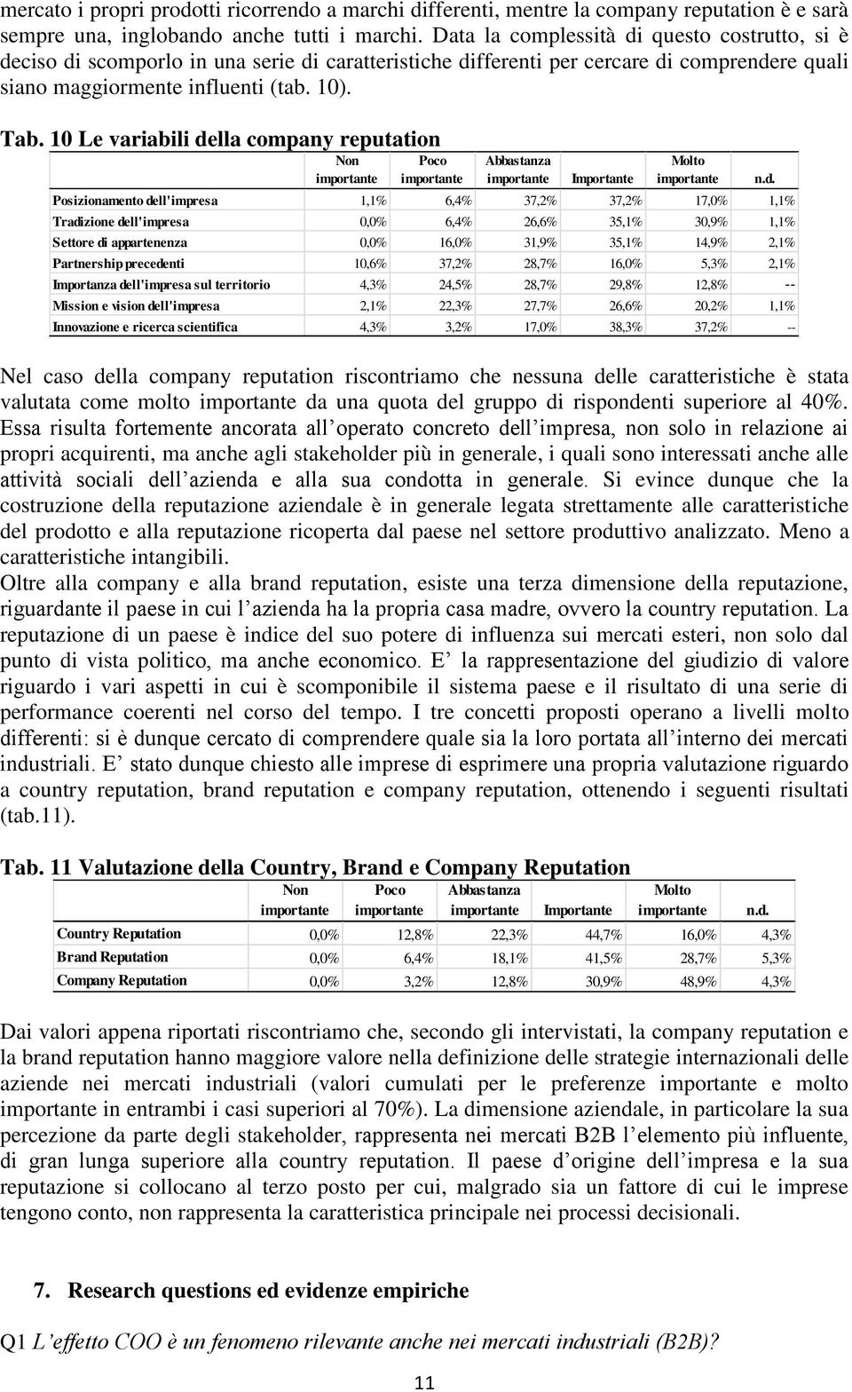 10 Le variabili della company reputation Non Poco Abbastanza Importante Nel caso della company reputation riscontriamo che nessuna delle caratteristiche è stata valutata come molto da una quota del