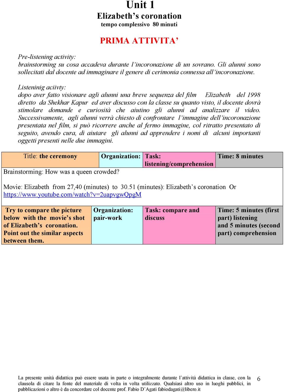 Listeninig aciivty: dopo aver fatto visionare agli alunni una breve sequenza del film Elizabeth del 1998 diretto da Shekhar Kapur ed aver discusso con la classe su quanto visto, il docente dovrà