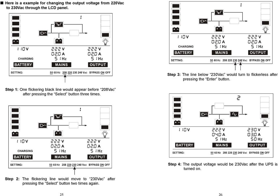 Step 1: One flickering black line would appear before 208Vac after pressing the Select button three times.