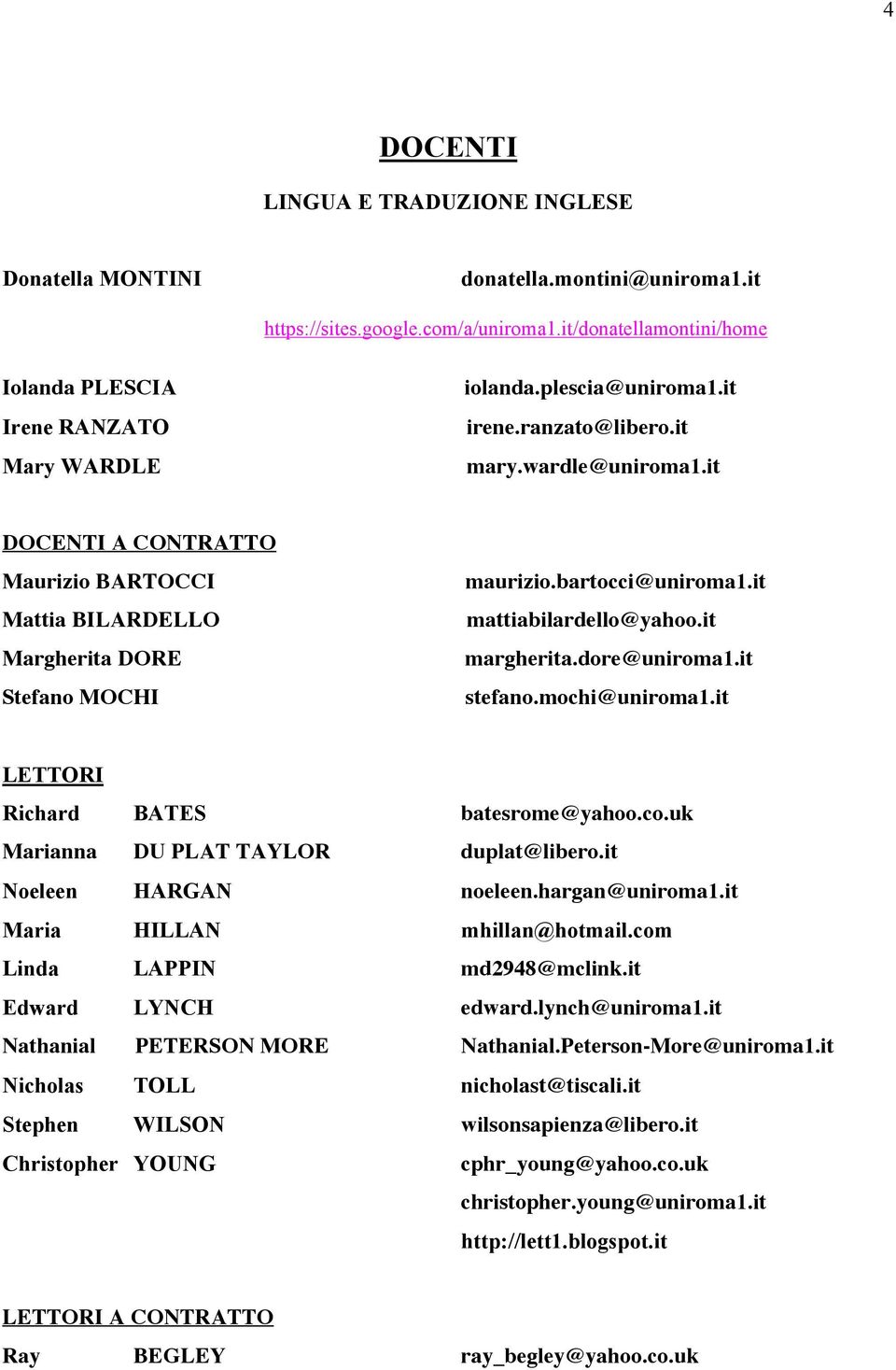 it mattiabilardello@yahoo.it margherita.dore@uniroma1.it stefano.mochi@uniroma1.it LETTORI Richard BATES batesrome@yahoo.co.uk Marianna DU PLAT TAYLOR duplat@libero.it Noeleen HARGAN noeleen.