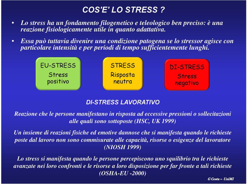 EU-STRESS Stress positivo STRESS Risposta neutra DI-STRESS Stress negativo DI-STRESS LAVORATIVO Reazione che le persone manifestano in risposta ad eccessive pressioni o sollecitazioni alle quali sono