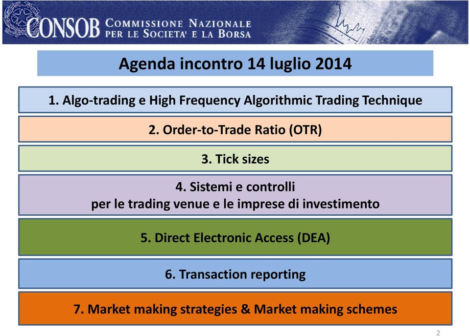 Order to Trade Ratio (OTR) 3. Tick sizes 4.