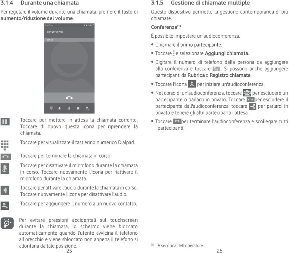 5 Gestione di chiamate multiple Questo dispositivo permette la gestione contemporanea di più chiamate. Conferenza (1) È possibile impostare un'audioconferenza. Chiamare il primo partecipante.