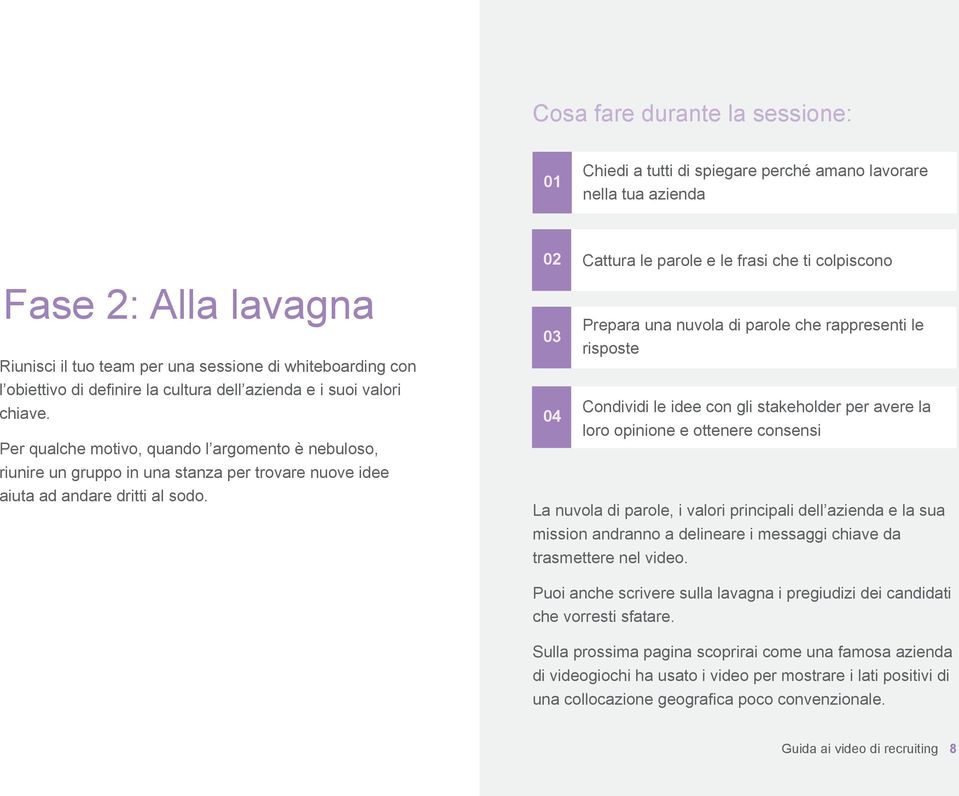 02 Cattura le parole e le frasi che ti colpiscono Prepara una nuvola di parole che rappresenti le 03 risposte Condividi le idee con gli stakeholder per avere la 04 loro opinione e ottenere consensi