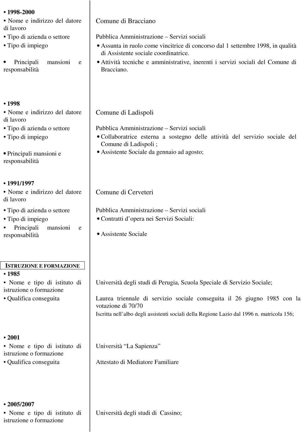 1998 Comune di Ladispoli Collaboratrice esterna a sostegno delle attività del servizio sociale del Comune di Ladispoli ; Assistente Sociale da gennaio ad agosto; 1991/1997 Comune di Cerveteri