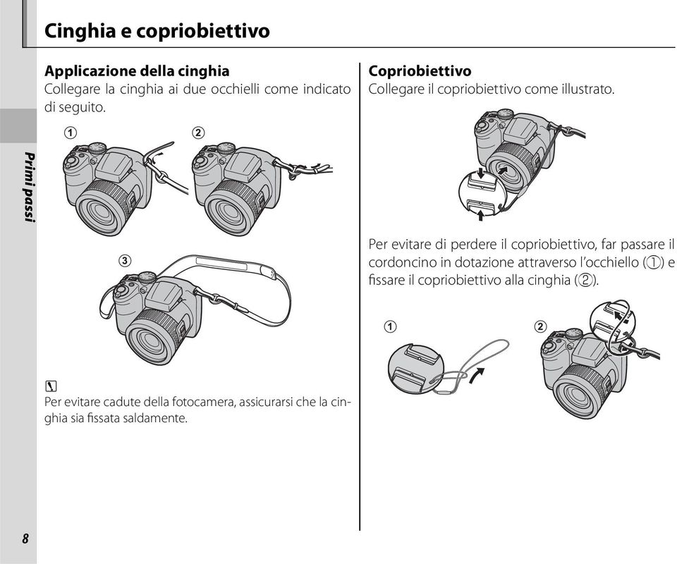 Primi passi Per evitare di perdere il copriobiettivo, far passare il cordoncino in dotazione attraverso l