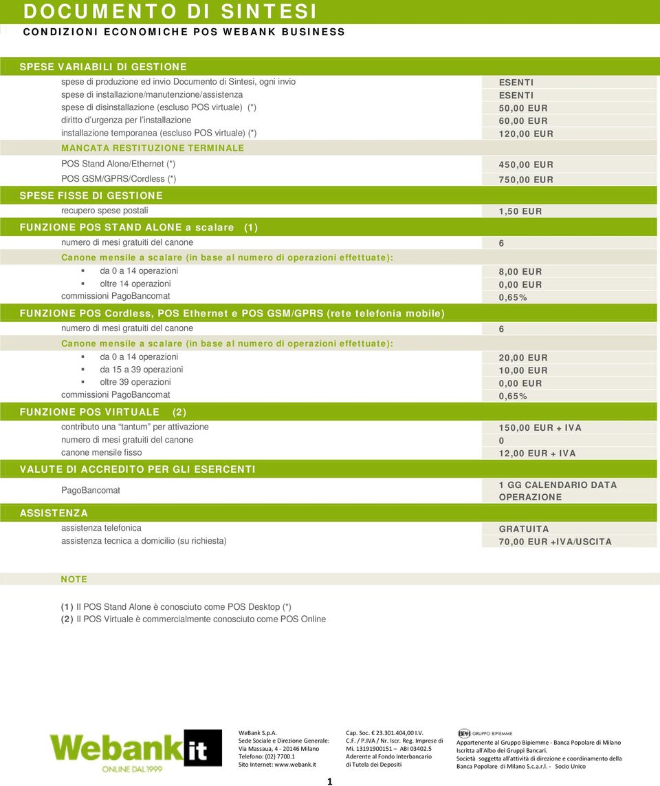 GSM/GPRS/Cordless (*) SPESE FISSE DI GESTIONE recupero spese postali FUNZIONE POS STAND ALONE a scalare (1) numero di mesi gratuiti del canone 6 Canone mensile a scalare (in base al numero di