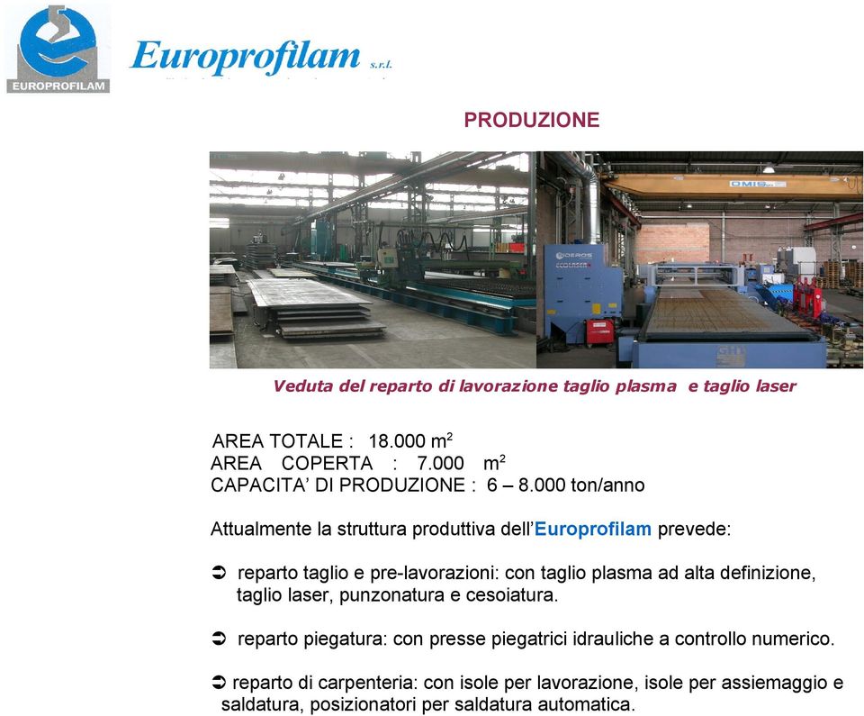 000 ton/anno Attualmente la struttura produttiva dell Europrofilam prevede: reparto taglio e pre-lavorazioni: con taglio plasma ad