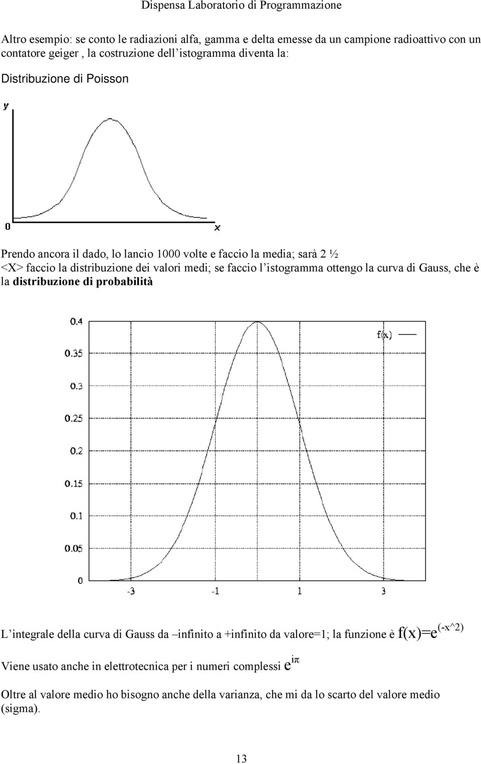 istogramma ottengo la curva di Gauss, che è la distribuzione di probabilità L integrale della curva di Gauss da infinito a +infinito da valore=1; la funzione è