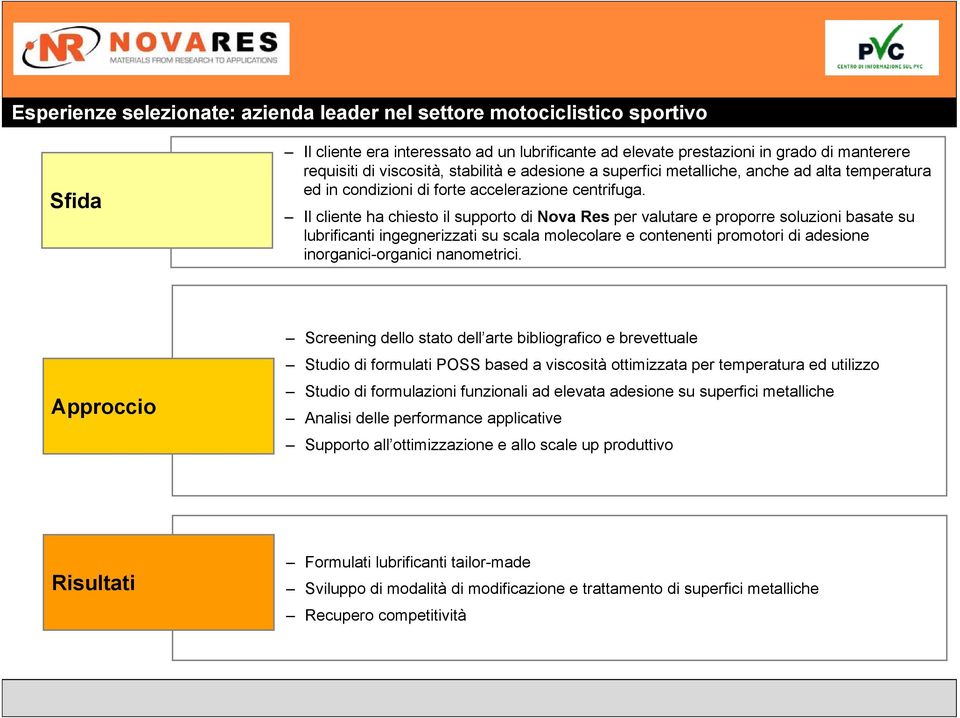 Il cliente ha chiesto il supporto di Nova Res per valutare e proporre soluzioni basate su lubrificanti ingegnerizzati su scala molecolare e contenenti promotori di adesione inorganici-organici