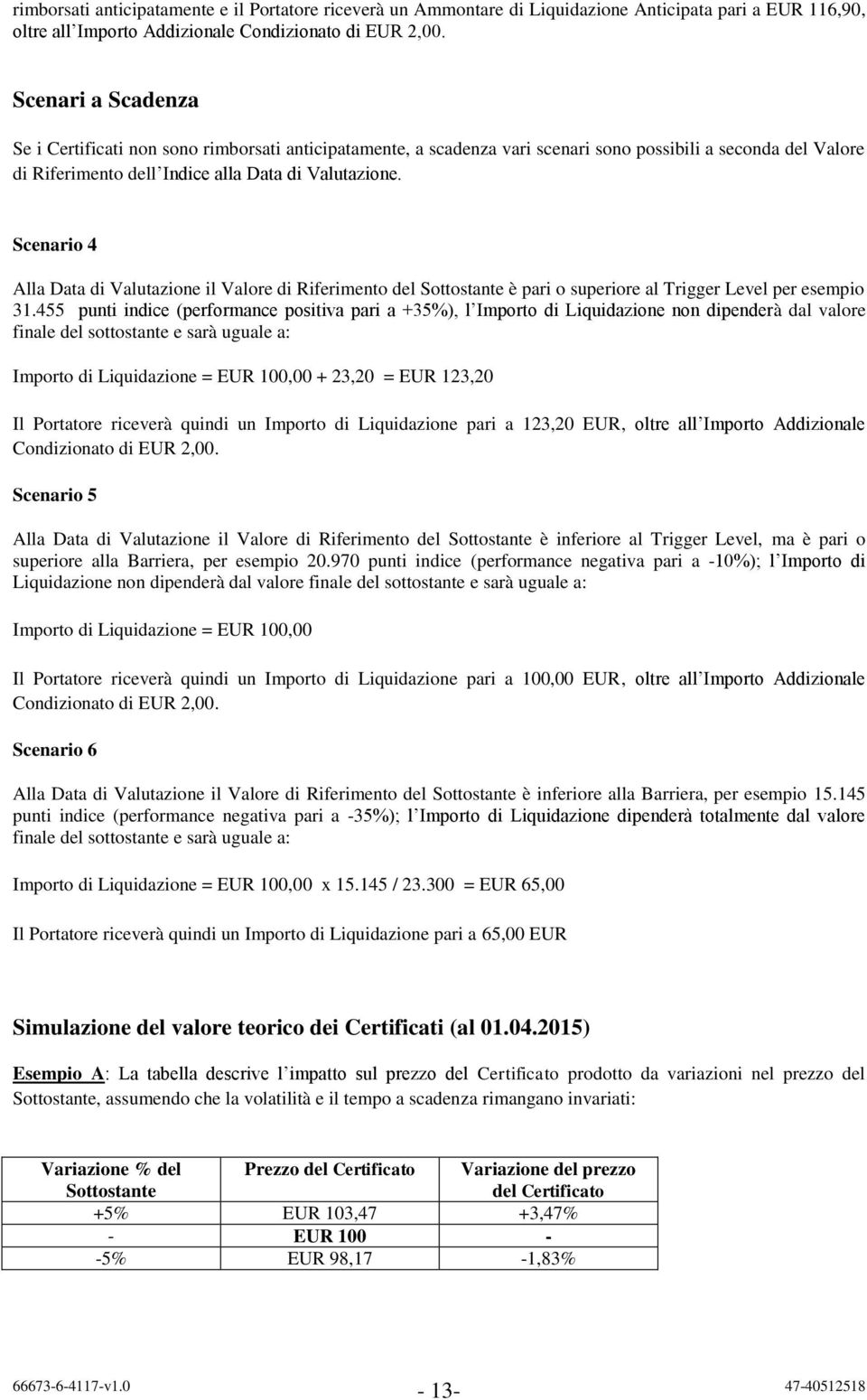 Scenario 4 Alla Data di Valutazione il Valore di Riferimento del Sottostante è pari o superiore al Trigger Level per esempio 31.