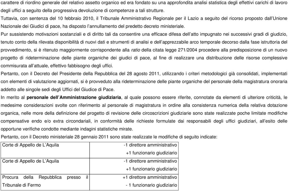 Tuttavia, con sentenza del 10 febbraio 2010, il Tribunale Amministrativo Regionale per il Lazio a seguito del ricorso proposto dall Unione Nazionale dei Giudici di pace, ha disposto l annullamento