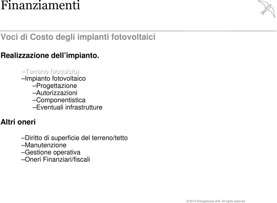 Altri oneri Terreno (acquisto) Impianto fotovoltaico Progettazione