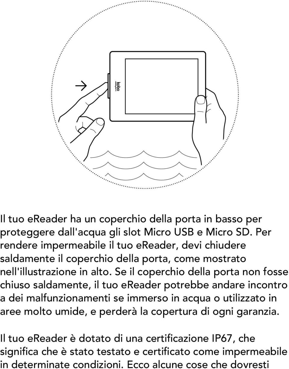 Se il coperchio della porta non fosse chiuso saldamente, il tuo ereader potrebbe andare incontro a dei malfunzionamenti se immerso in acqua o utilizzato in