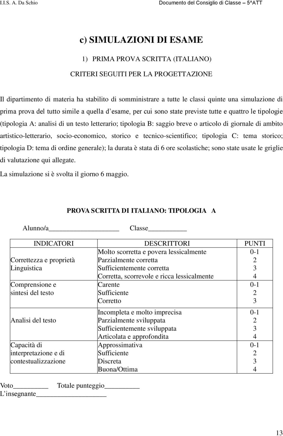 di ambito artistico-letterario, socio-economico, storico e tecnico-scientifico; tipologia C: tema storico; tipologia D: tema di ordine generale); la durata è stata di 6 ore scolastiche; sono state