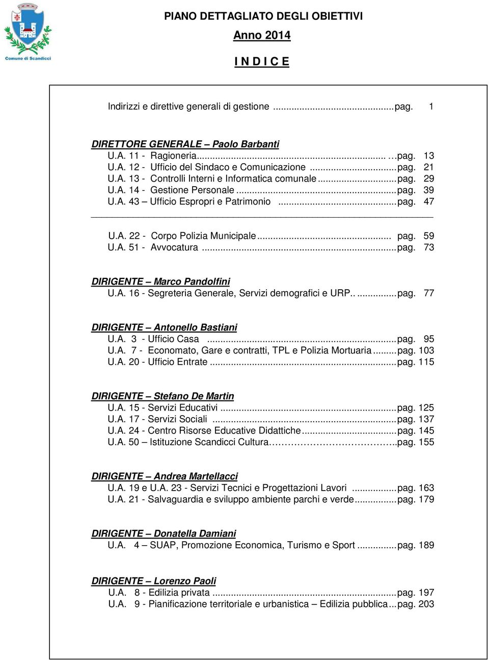 59 U.A. 51 - Avvocatura...pag. 73 DIRIGENTE Marco Pandolfini U.A. 16 - Segreteria Generale, Servizi demografici e URP.....pag. 77 DIRIGENTE Antonello Bastiani U.A. 3 - Ufficio Casa...pag. 95 U.A. 7 - Economato, Gare e contratti, TPL e Polizia Mortuaria.