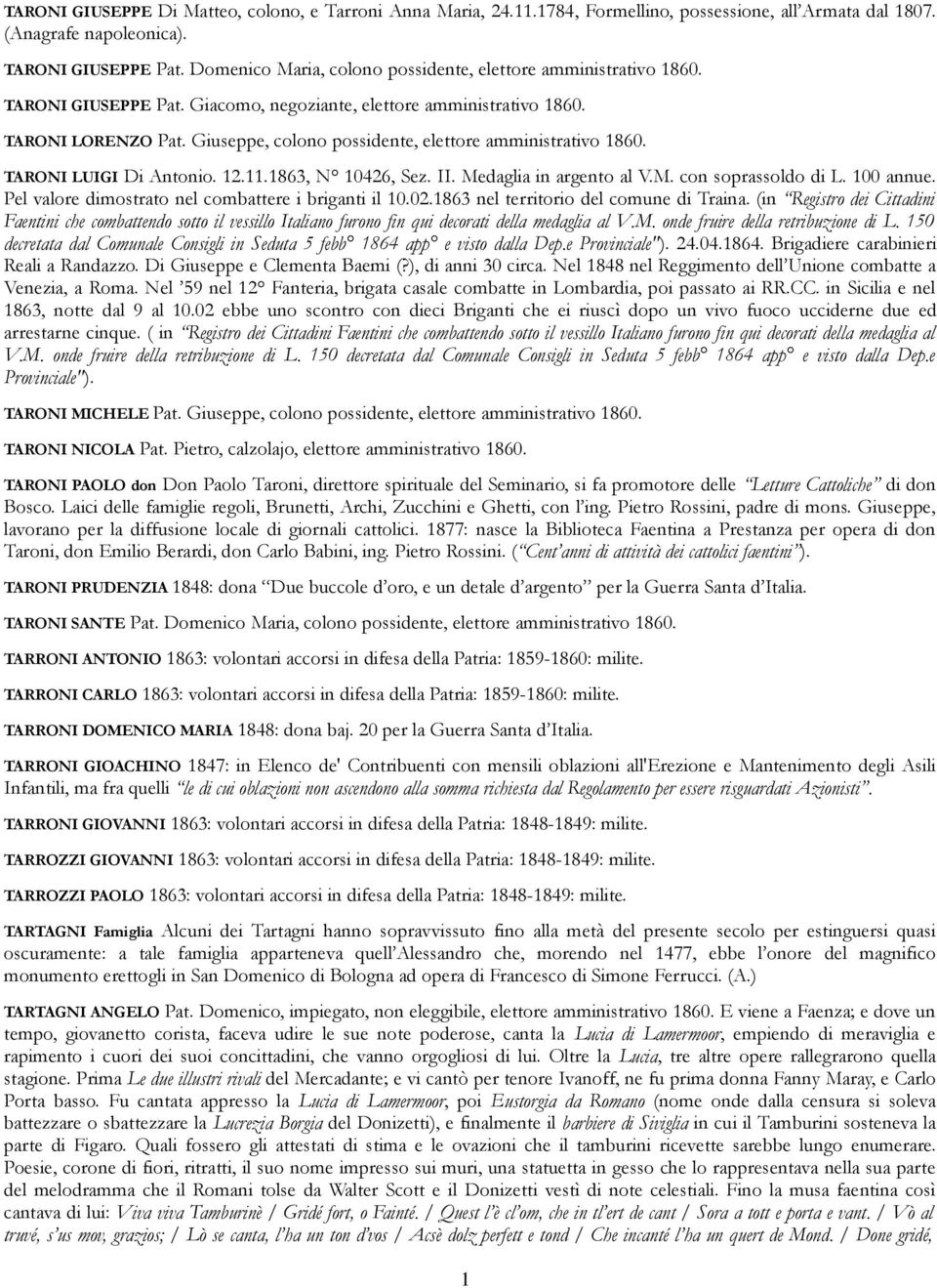 Giuseppe, colono possidente, elettore amministrativo 1860. TARONI LUIGI Di Antonio. 12.11.1863, N 10426, Sez. II. Medaglia in argento al V.M. con soprassoldo di L. 100 annue.