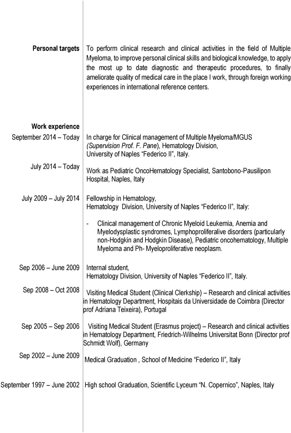 Work experience September 2014 Today July 2014 Today July 2009 July 2014 In charge for Clinical management of Multiple Myeloma/MGUS (Supervision Prof. F.