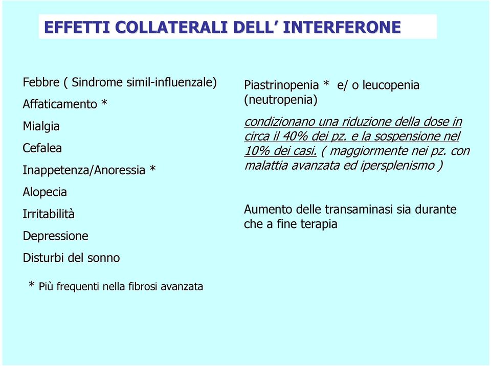 condizionano una riduzione della dose in circa il 40% dei pz.. e la sospensione nel 10% dei casi. ( maggiormente nei pz.