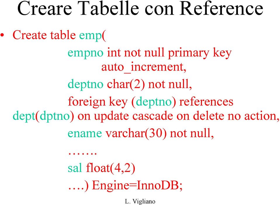 (deptno) references dept(dptno) on update cascade on delete no