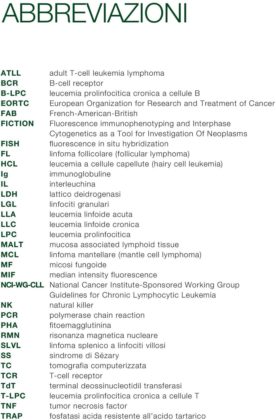 (follicular lymphoma) HCL leucemia a cellule capellute (hairy cell leukemia) Ig immunoglobuline IL interleuchina LDH lattico deidrogenasi LGL linfociti granulari LLA leucemia linfoide acuta LLC