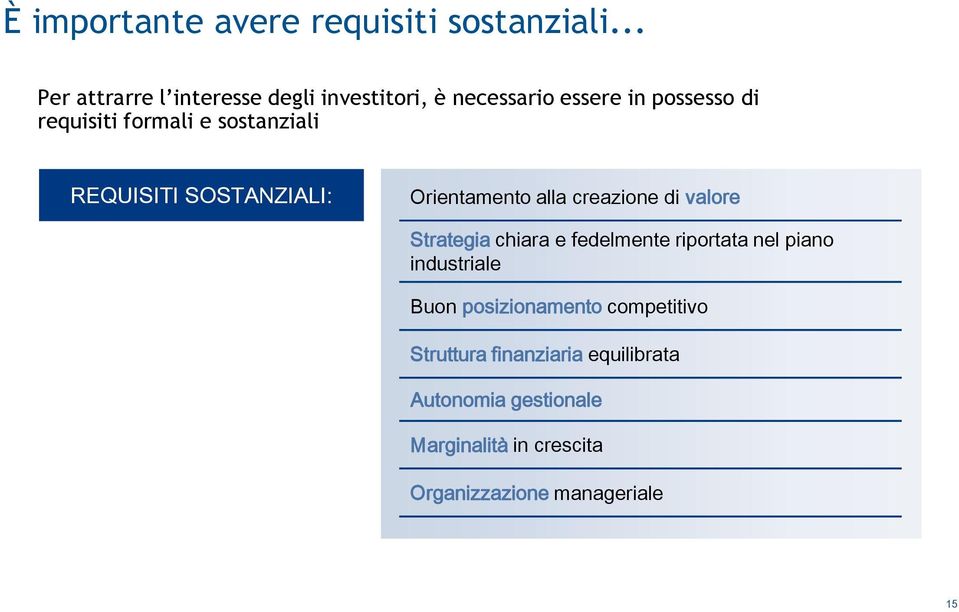 sostanziali REQUISITI SOSTANZIALI: Orientamento alla creazione di valore Strategia chiara e fedelmente