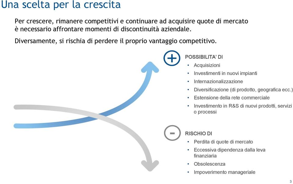 POSSIBILITA DI Acquisizioni Investimenti in nuovi impianti Internazionalizzazione Diversificazione (di prodotto, geografica ecc.